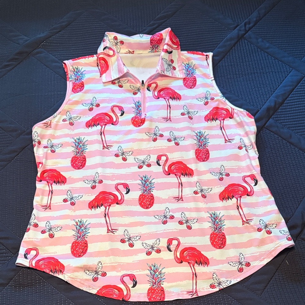 Tropical Flamingo Print Sleeveless Blouse/Golf Shirt- Pink Out Event